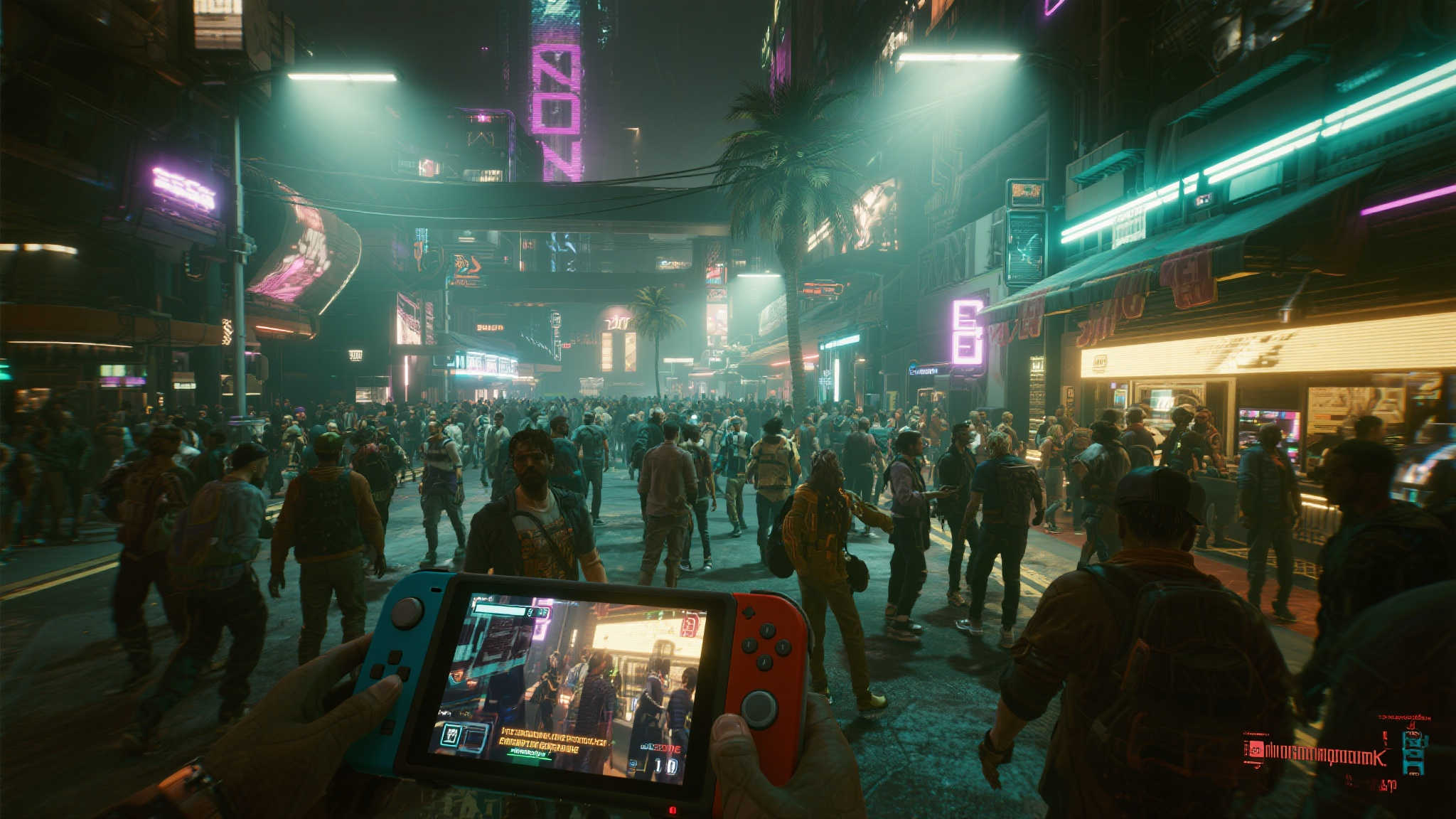 《赛博朋克2077》Switch2版画面曝光:细节惊艳绝伦! 一个典型的案例是夜之城中繁忙的街头场景。